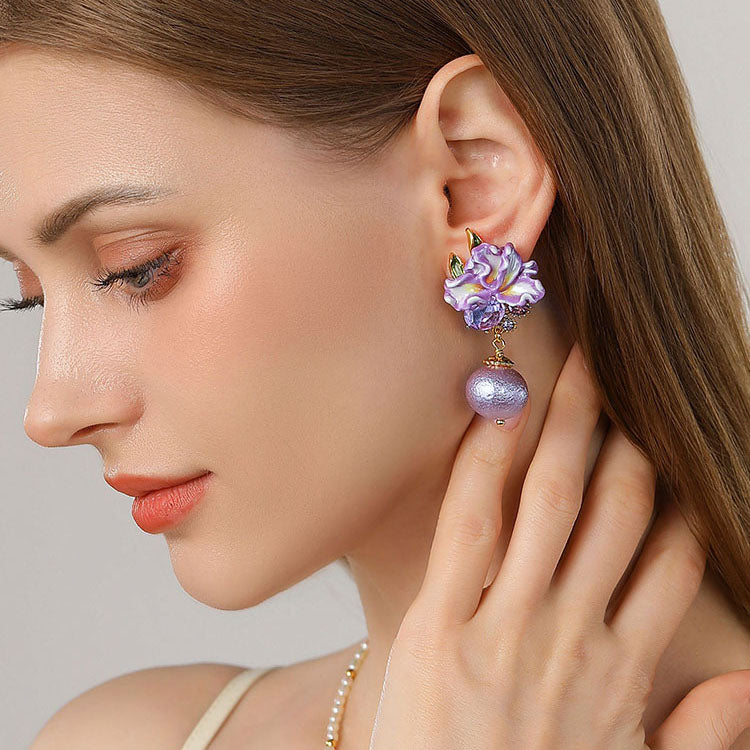 Iris Flower Earrings with Czech  Gemstones