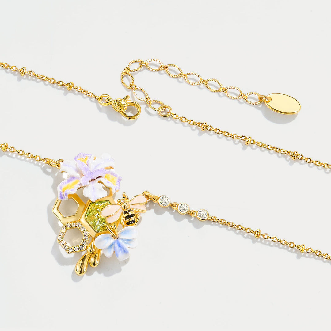 Iris Flower Bee Pendant Necklace Gift for Her