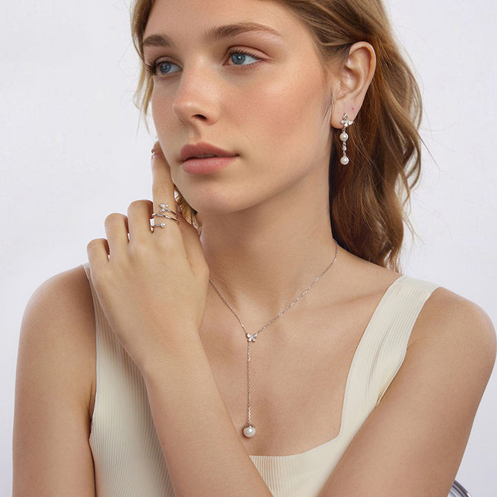 Silver Butterfly Pearl Y Necklace