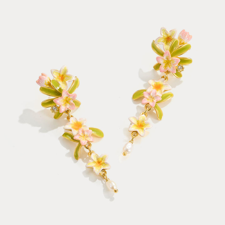 Selenichast Plumeria Pearl Drop Earrings Ename Jewelry