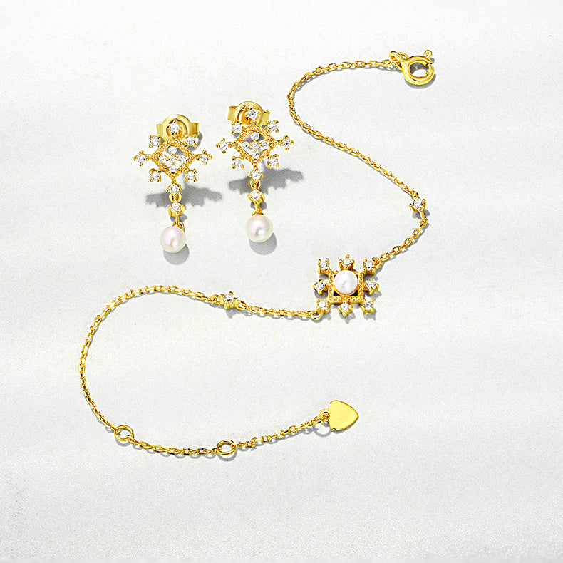 Gold Snowflake Pearl Earrings and Bracelet