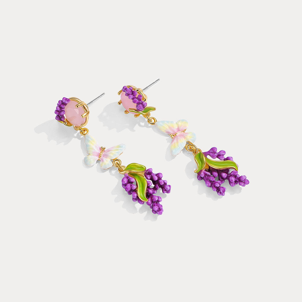 Lavender Butterfly Earrings with Pink Crystal