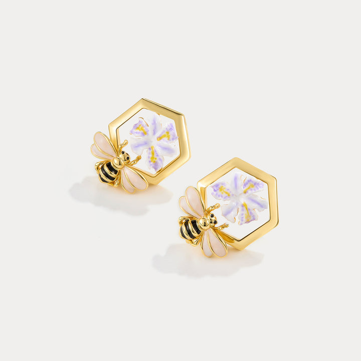 Iris Flower Bee Stud Earrings Gift for Women