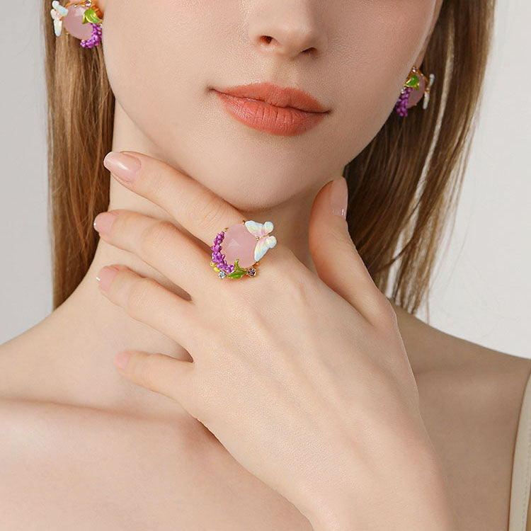 lavender flower ring Selenichast Pink Crystal Enamel Lavender And Butterfly 18K Gold Plated Open Ring For Women
