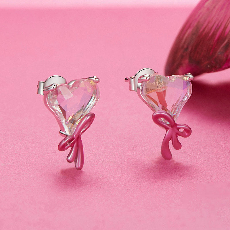 Pink Bow Heart Earrings Gift for Her