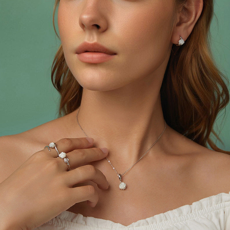 Silver White Rose Necklace Gift