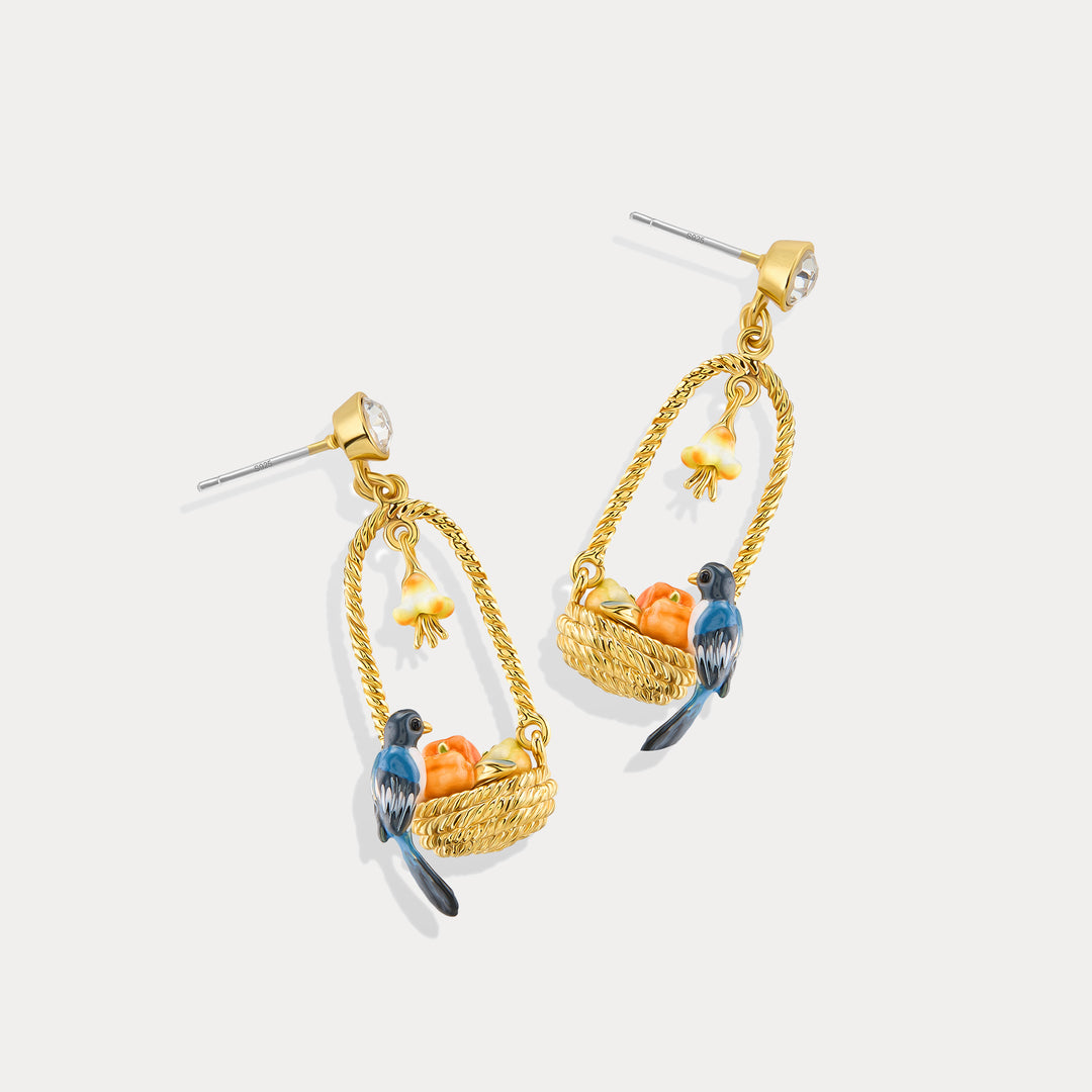 Enamel Magpie & Persimmon Basket Earrings Gift