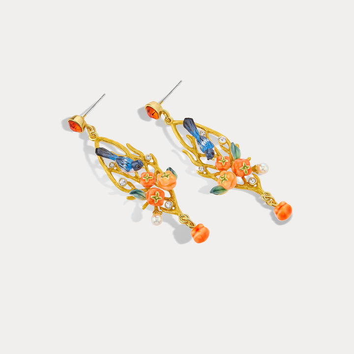 Enamel Magpie & Persimmon Branch Earrings