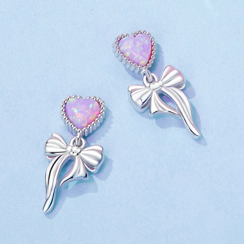 Opal Heart Bow Earrings
