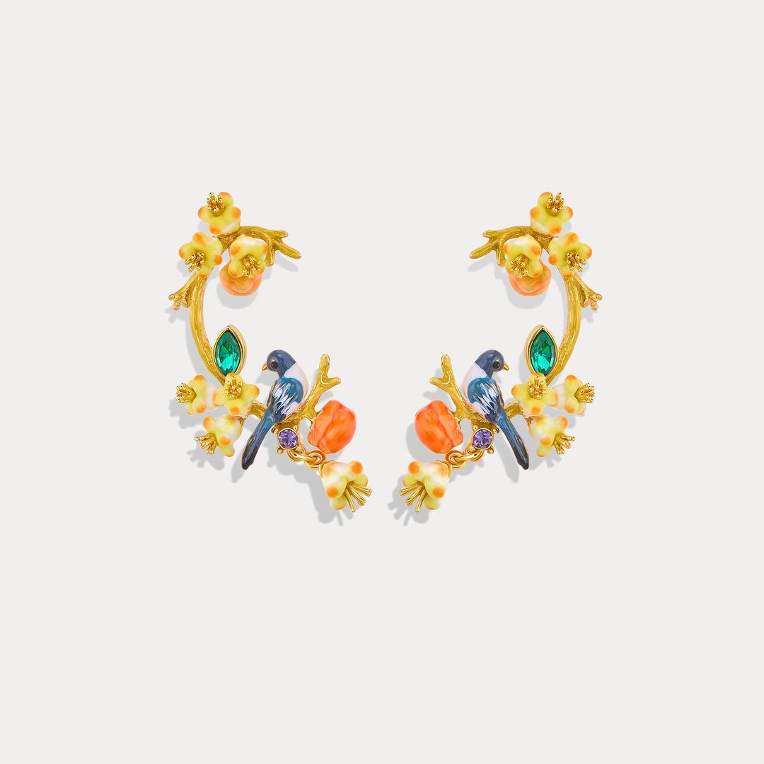 Enamel Magpie & Persimmon Blossom Earrings