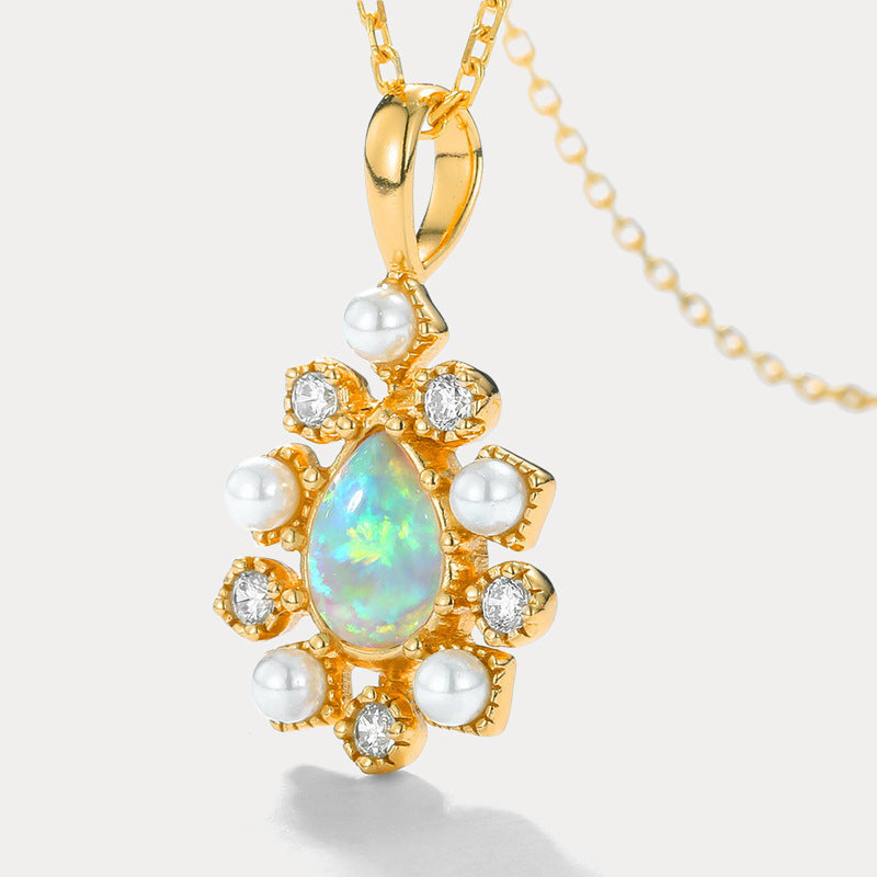 Opal Diamond Pendant Clavicle Thin Necklace
