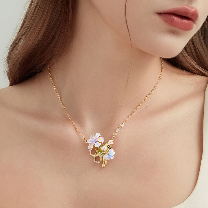 Iris Flower Bee Pendant Necklace