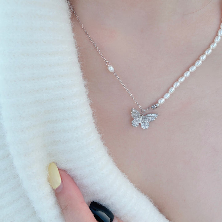 Selenichast Silver Pearl Butterfly Pendant Necklace