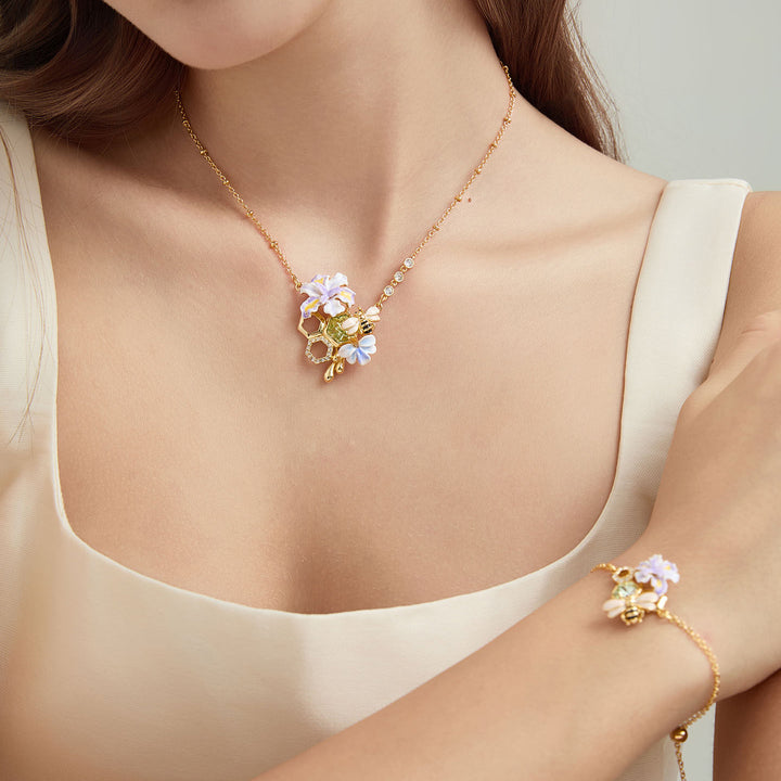 Iris Flower Bee Pendant Necklace