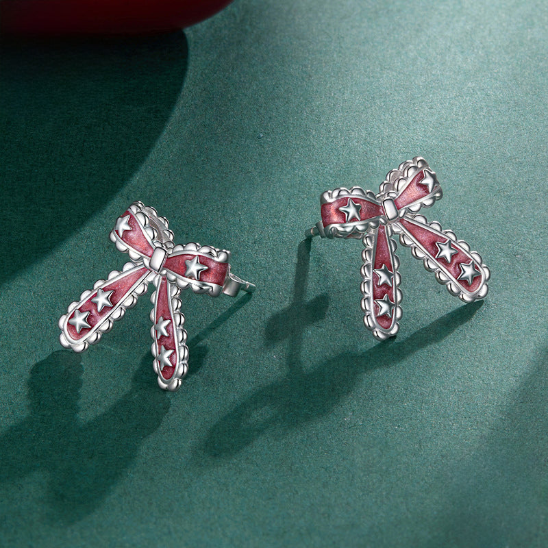 Pink Christmas Bow Star Earrings