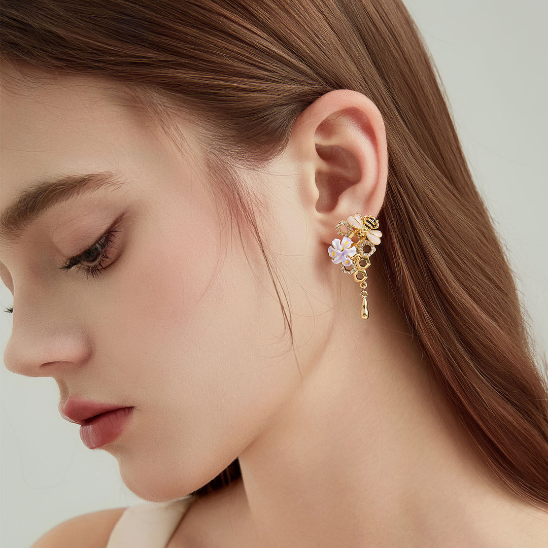 Iris Flower Bee Drop Earrings Gift for Women