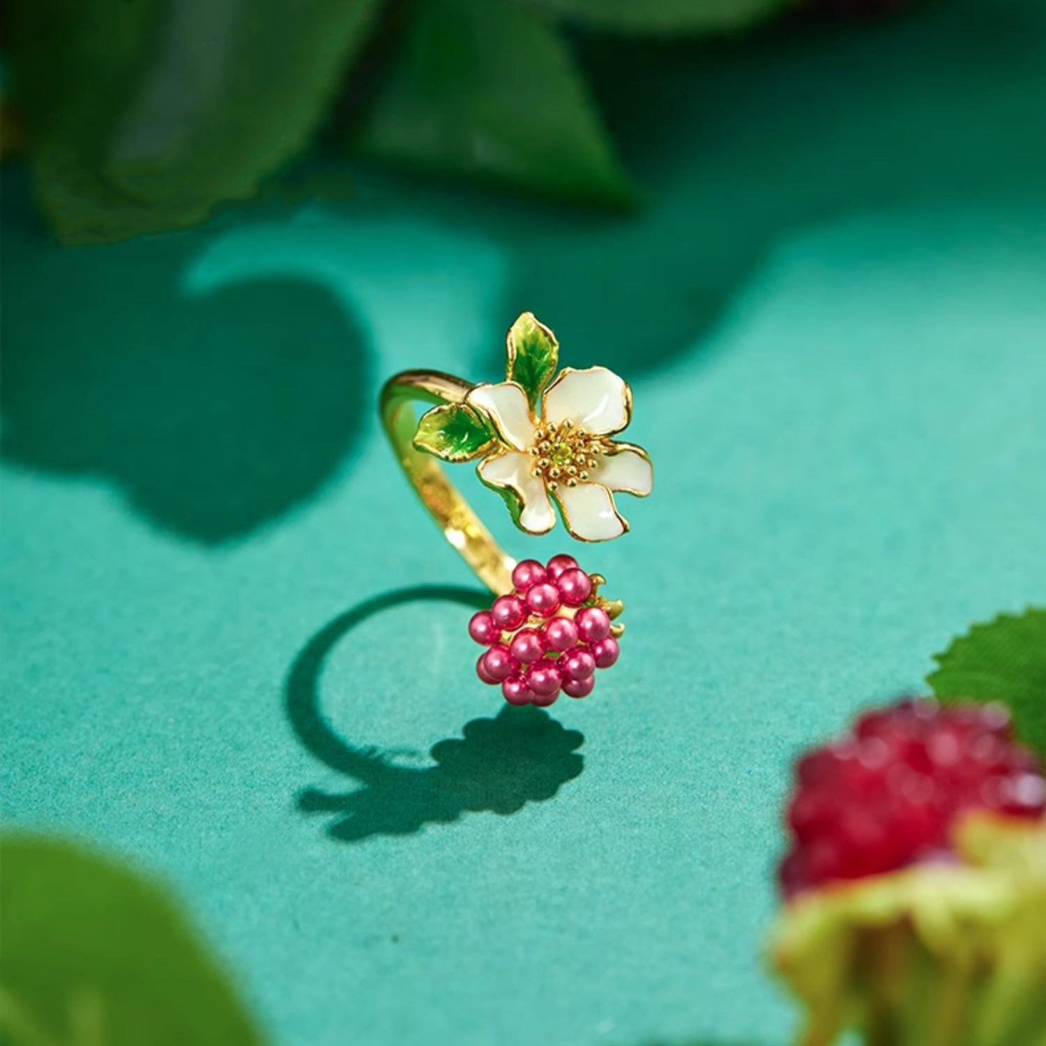 Selenichast Enamel Raspberry Flower Ring 18K Gold Fruit Jewelry