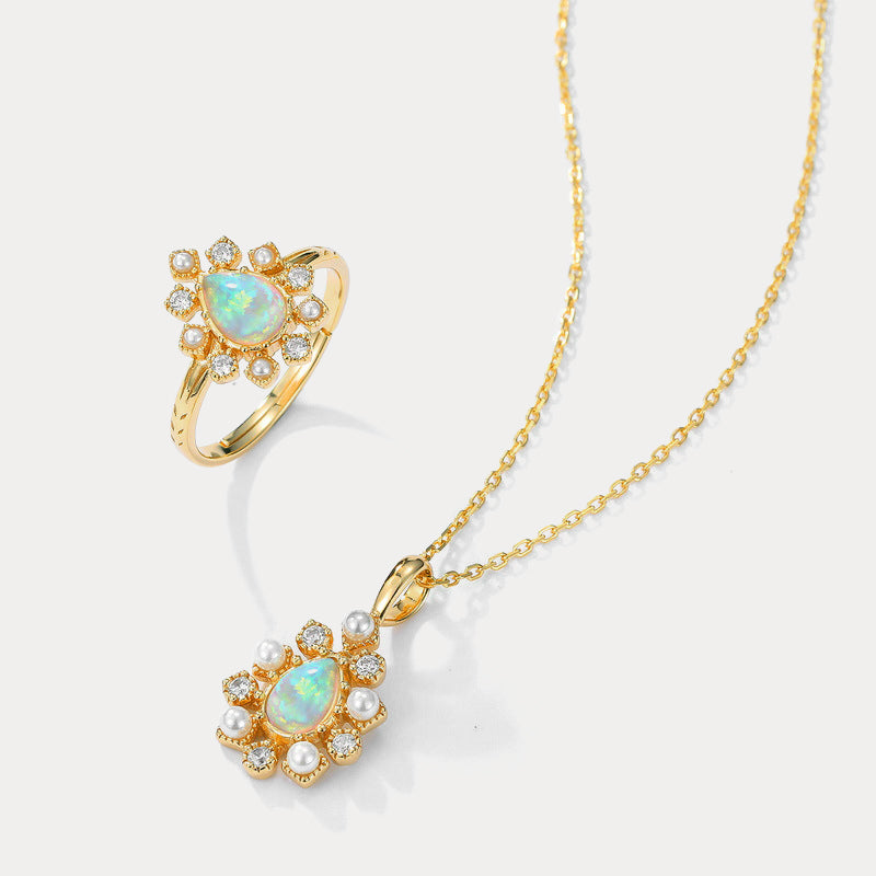 Opal Diamond Pendant Clavicle Necklace and Ring