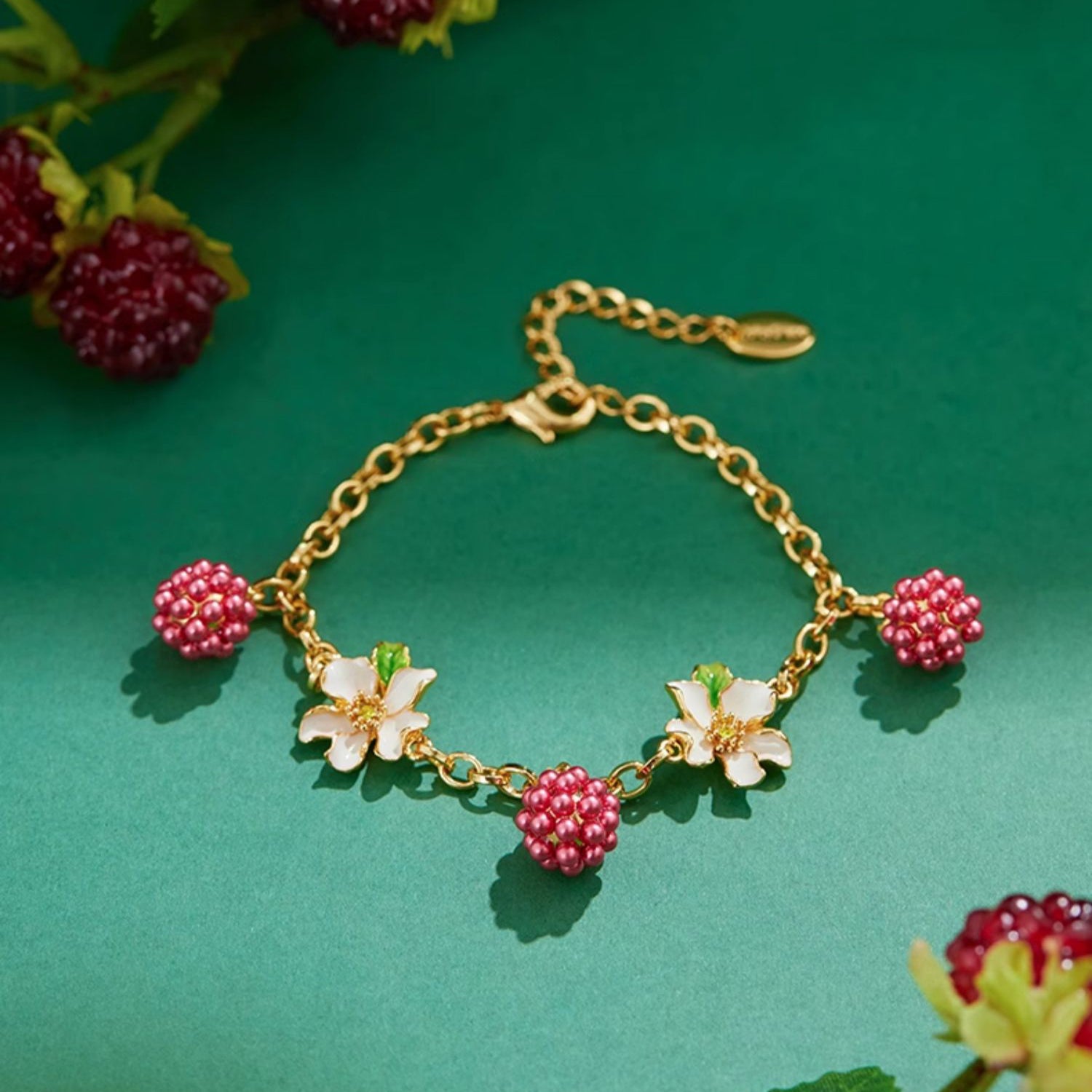 Selenichast Enamel Raspberry Bracelet 18K Gold Beaded Fruit