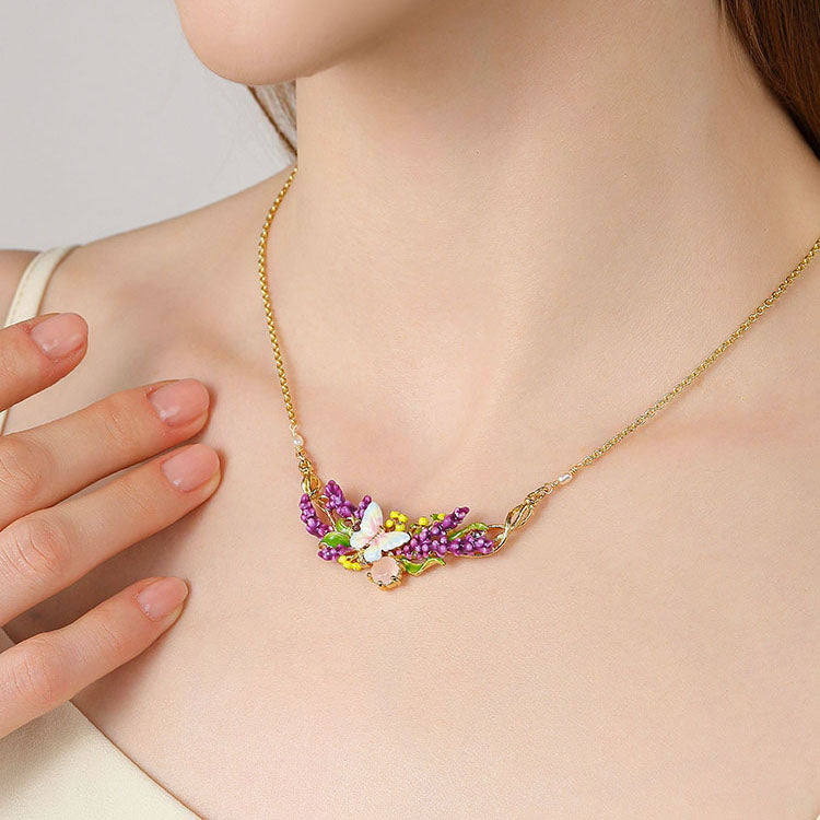 Lavender Butterfly Necklace with Pink Crystal