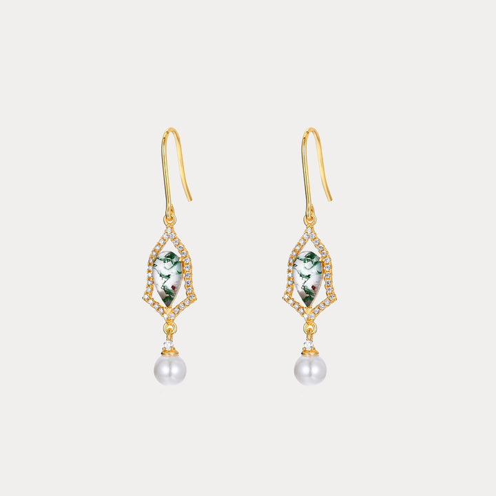 Selenichast Moss Agate Drop Earrings with Pearl