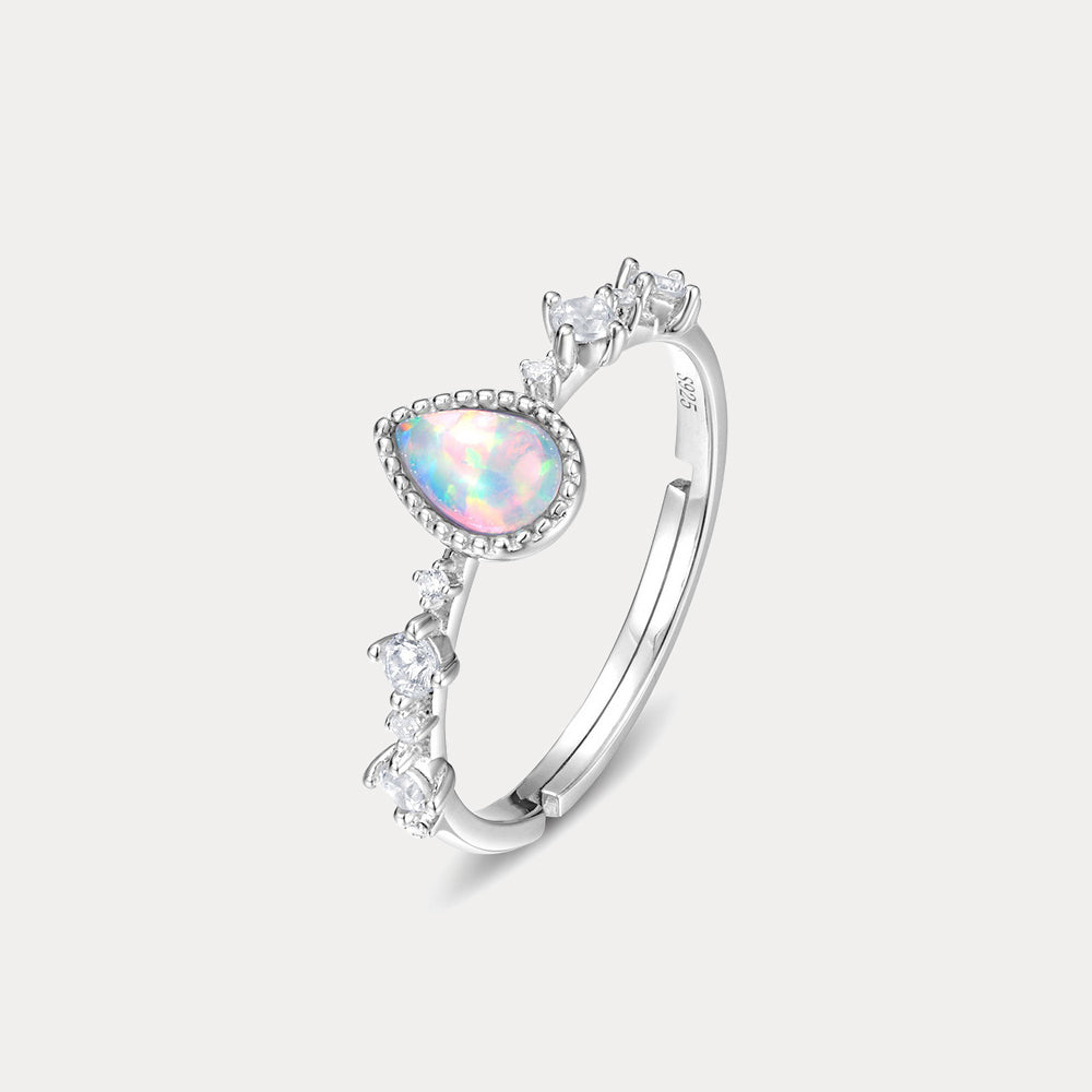 Sterling Silver Teardrop Opal Ring White Fire Opal Wedding Ring