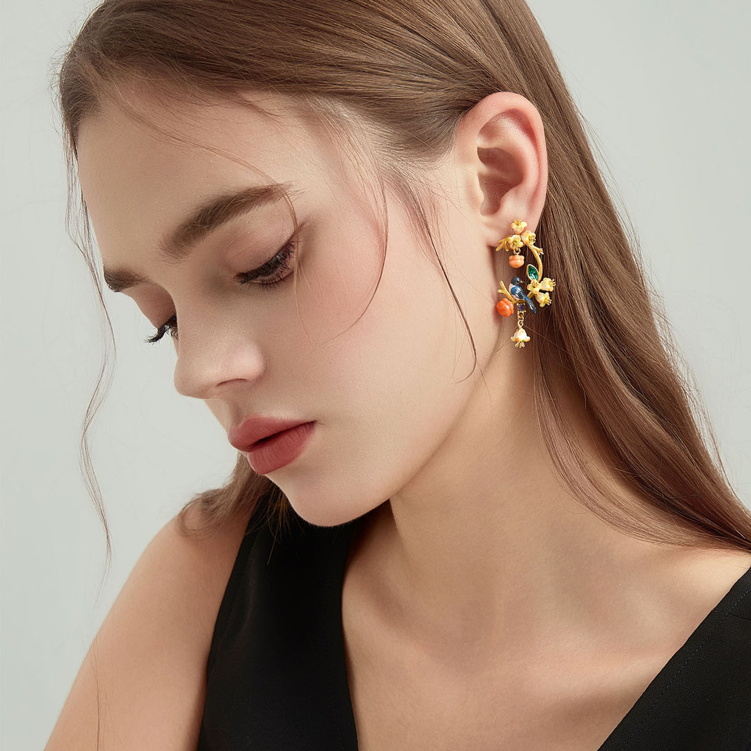 Enamel Magpie & Persimmon Blossom Earrings Gift
