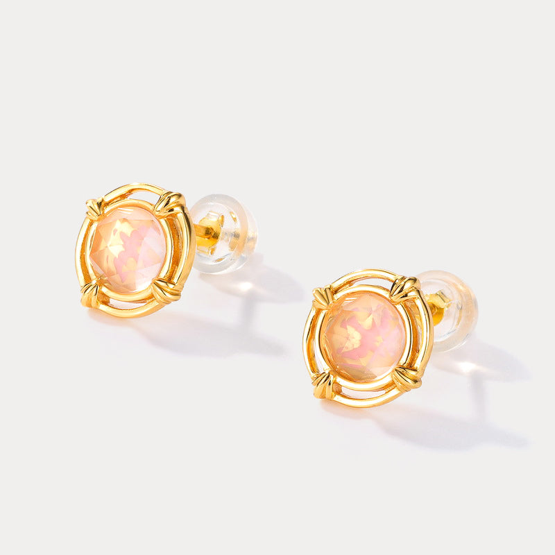 Pink Round Crystal 10k Gold Stud Earrings