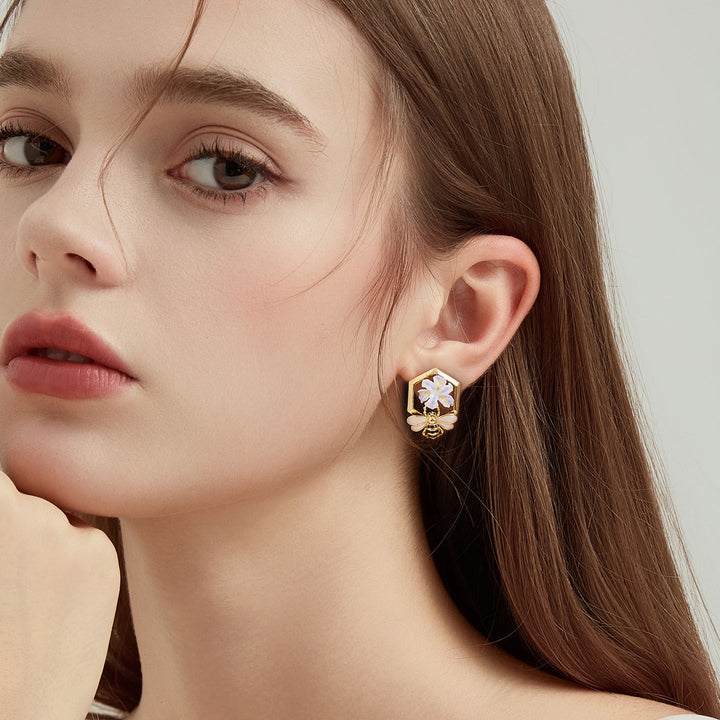 Iris Flower Bee Stud Earrings Gift for Her