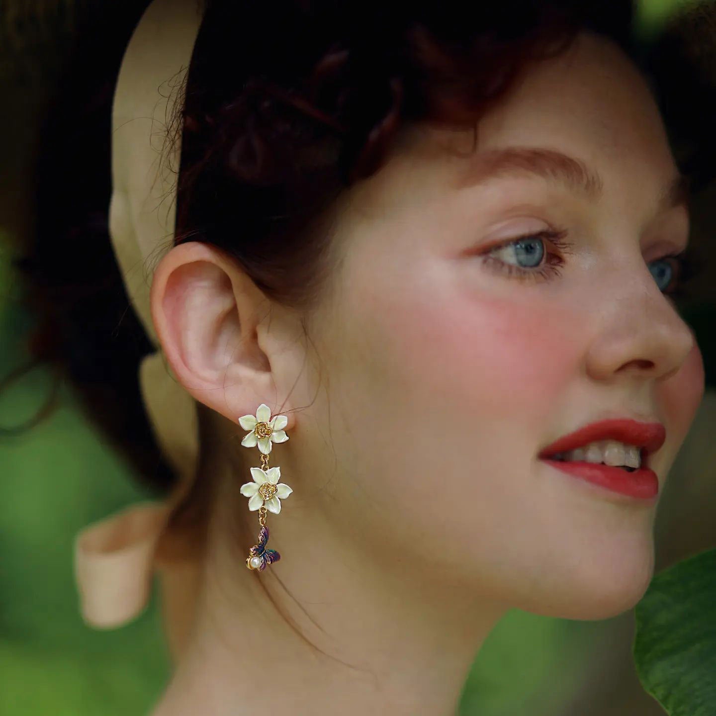 Enamel Daffodils & Butterfly Earrings