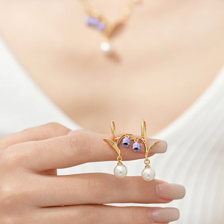 Enamel Lily of The Valley Pearl Earrings Gift