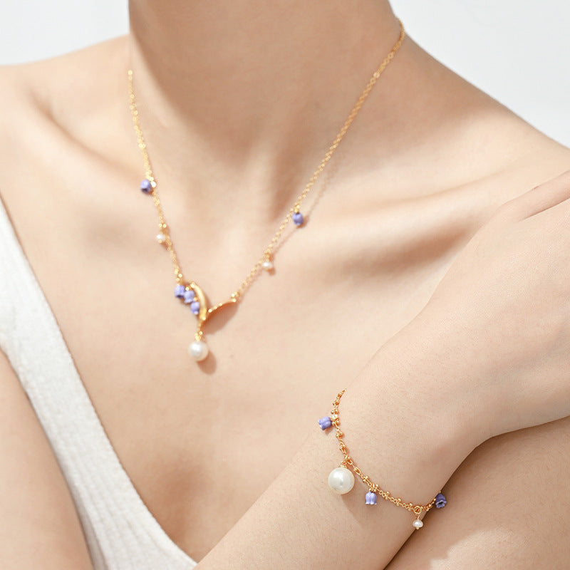 Enamel Lily of The Valley Pearl Necklace Gift