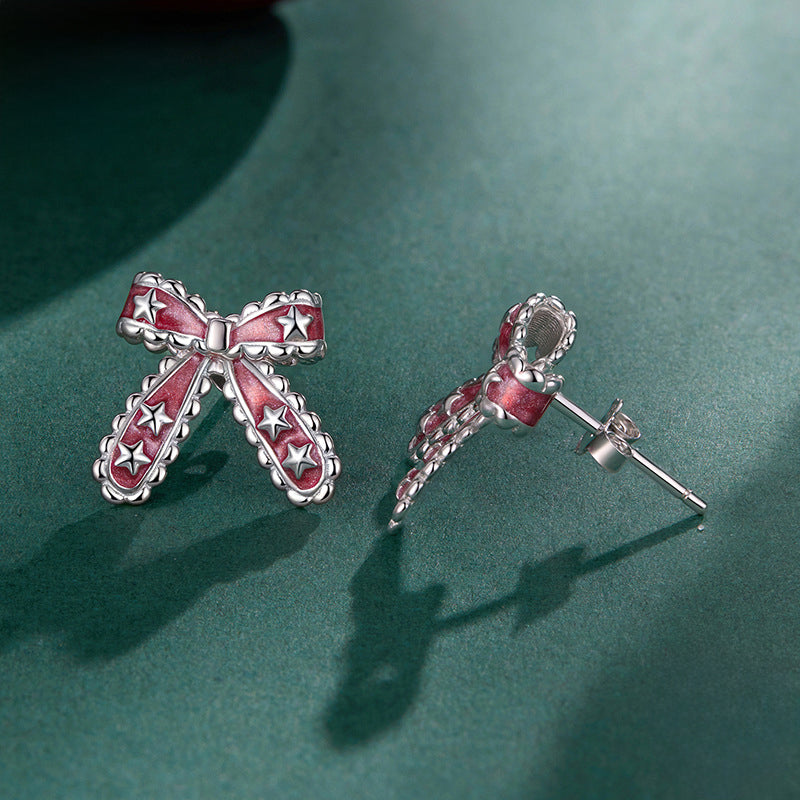 Silver Christmas Bow Star Earrings