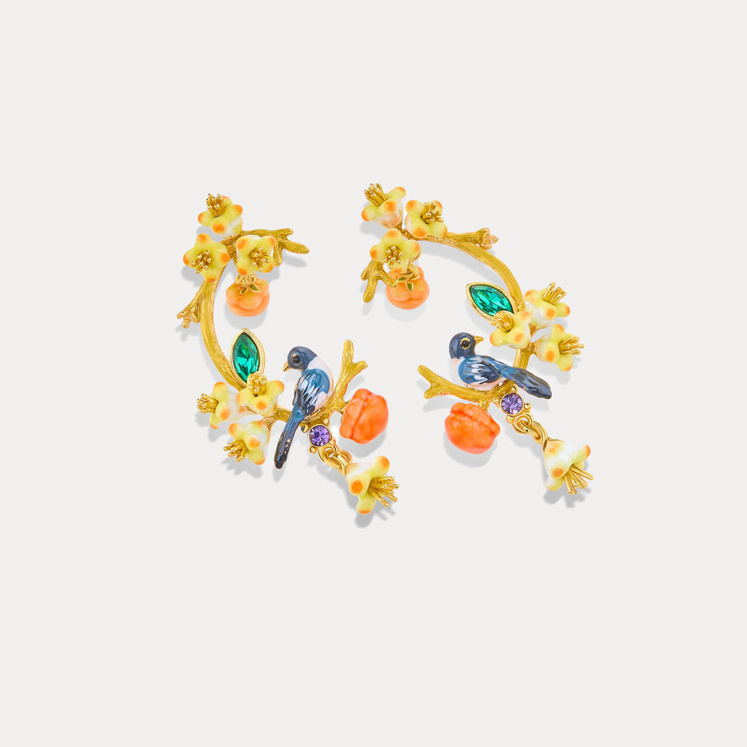 Enamel Magpie & Persimmon Blossom Earrings Gift For Her