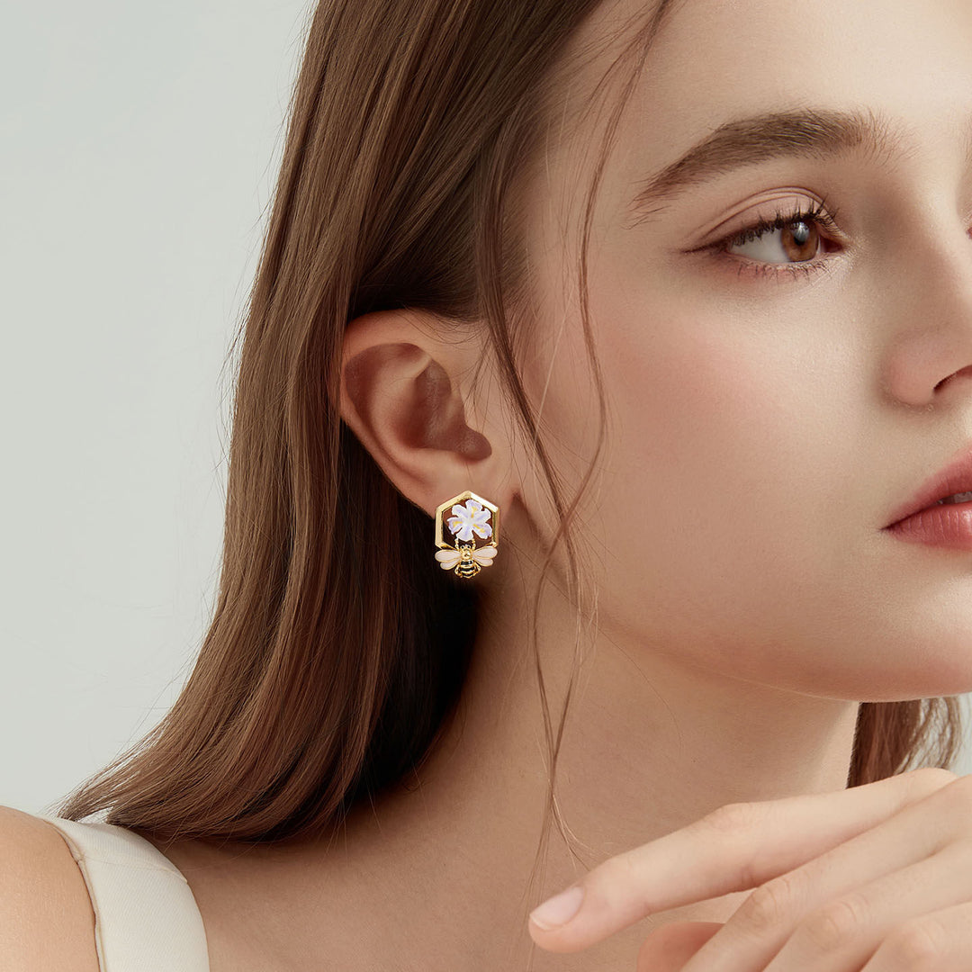 Iris Flower Bee Stud Earrings 