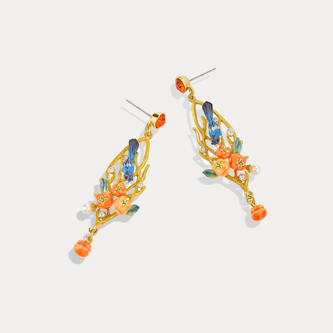 Enamel Magpie & Persimmon Branch Earrings Gift