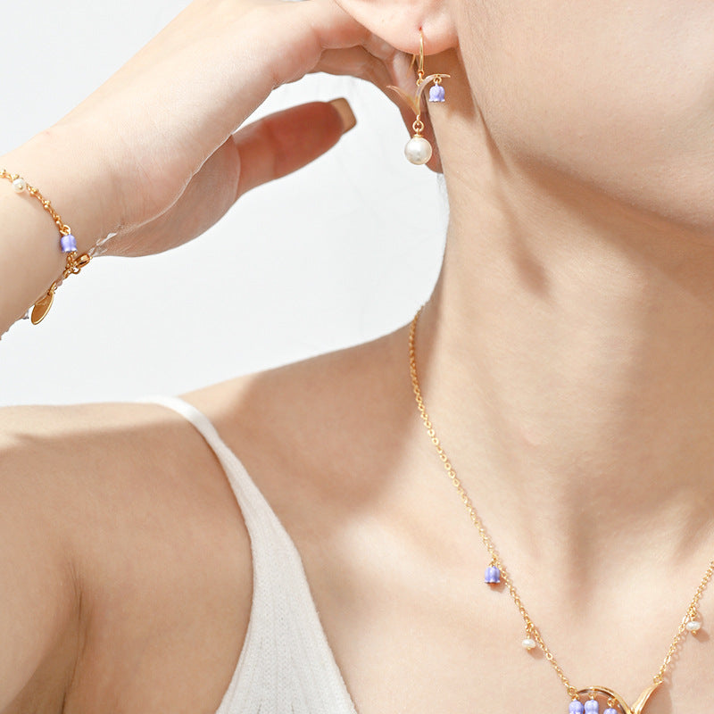 Enamel Lily of The Valley Pearl Earrings Gift