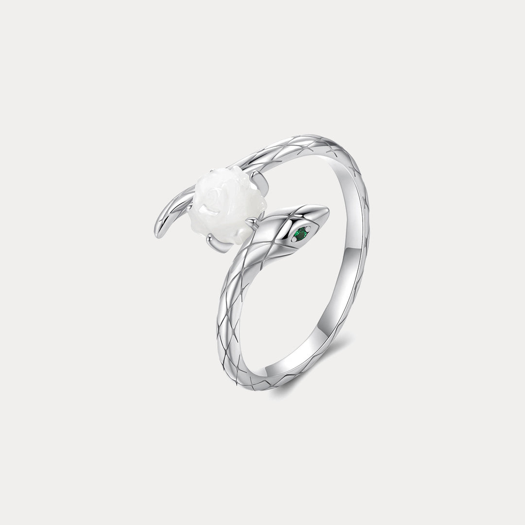Silver White Rose Snake Ring