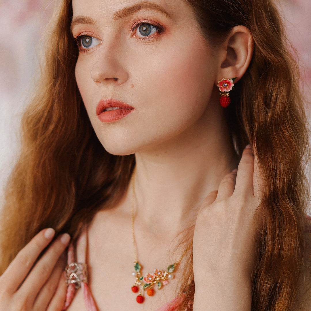 Raspberry Flower Enamel Earrings