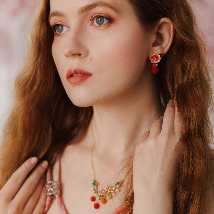 Raspberry Flower Enamel Earrings