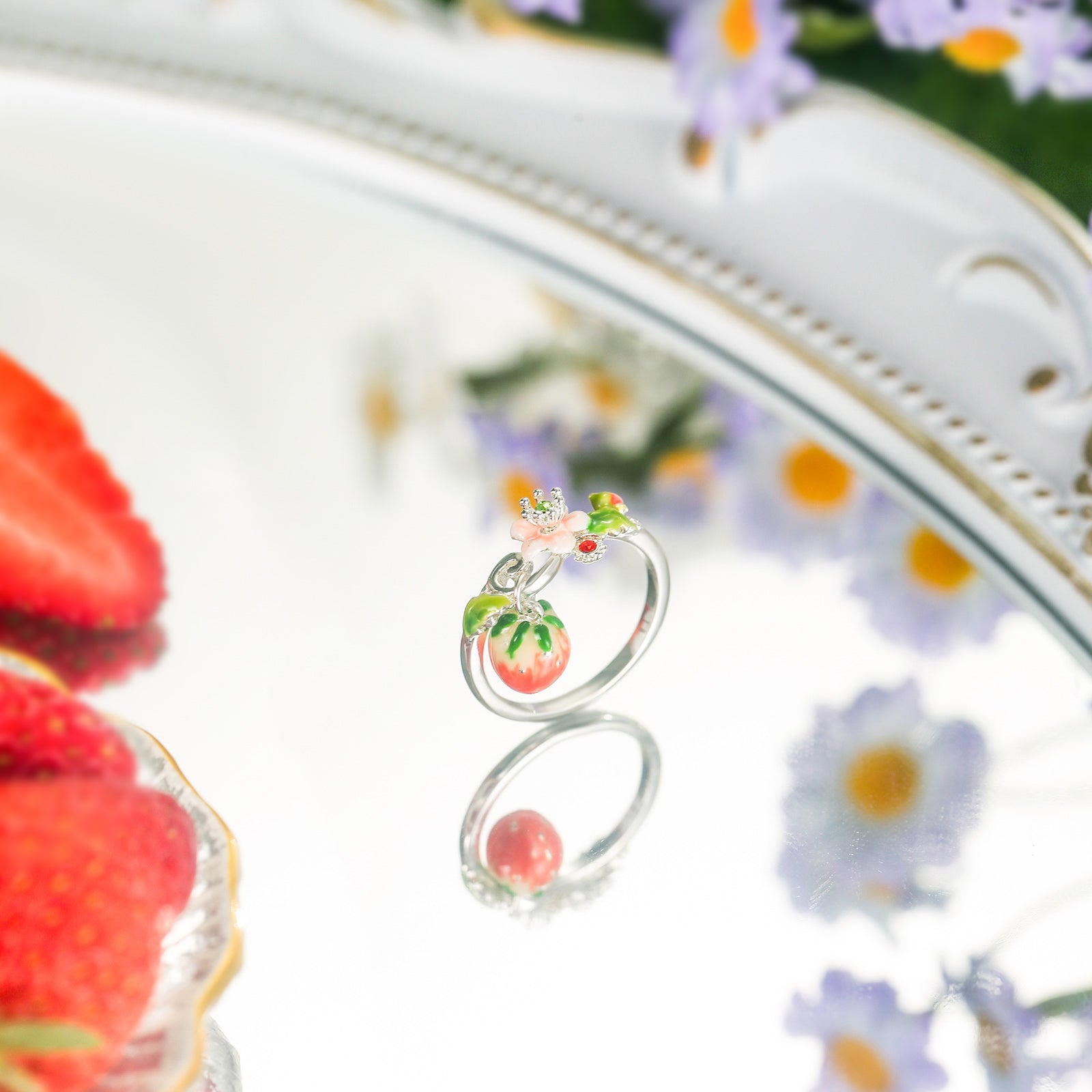 Strawberry Flower Silver Ring
