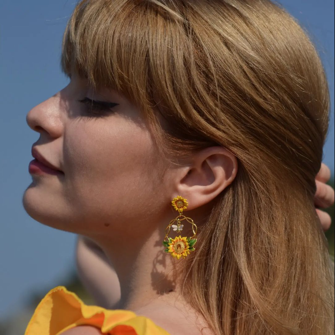 Enamel Sunflower & Bee Earrings