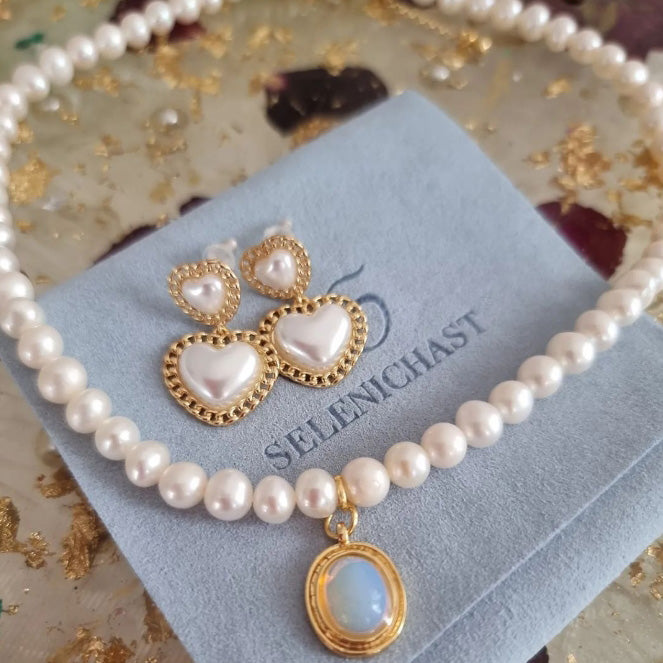 Pearl Heart Earrings and Moonstone Necklace