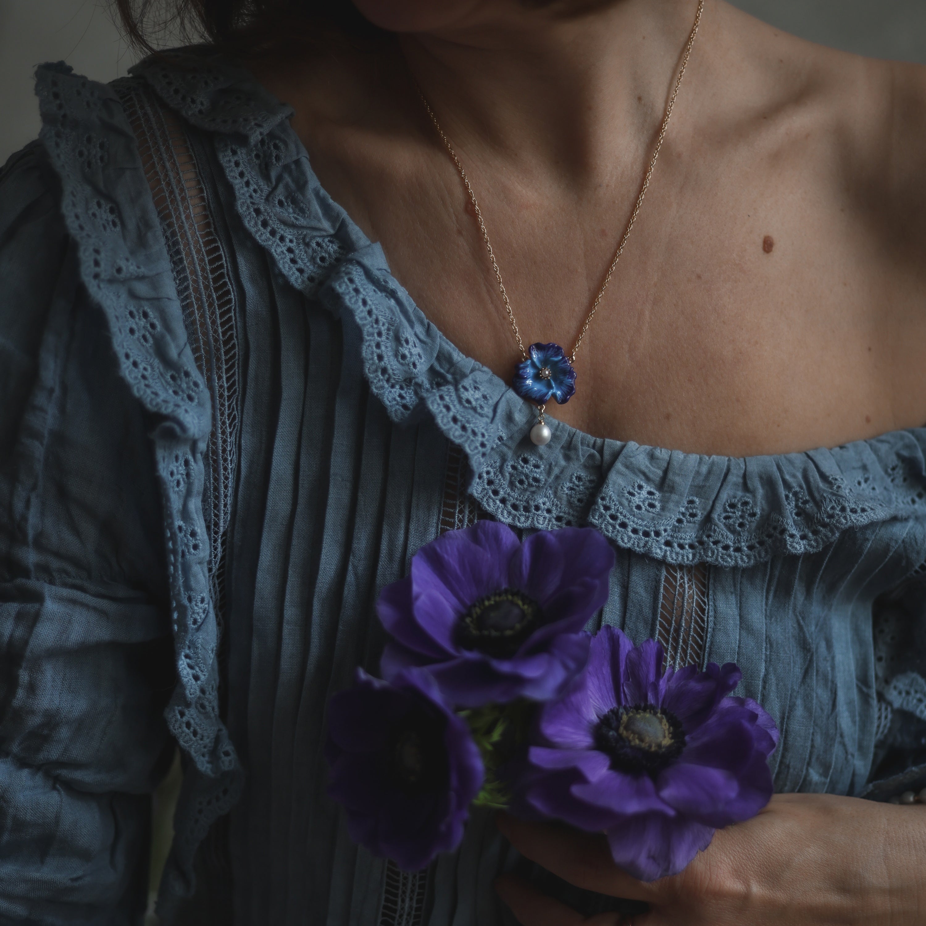 Blue Corn Poppy Dainty Necklace