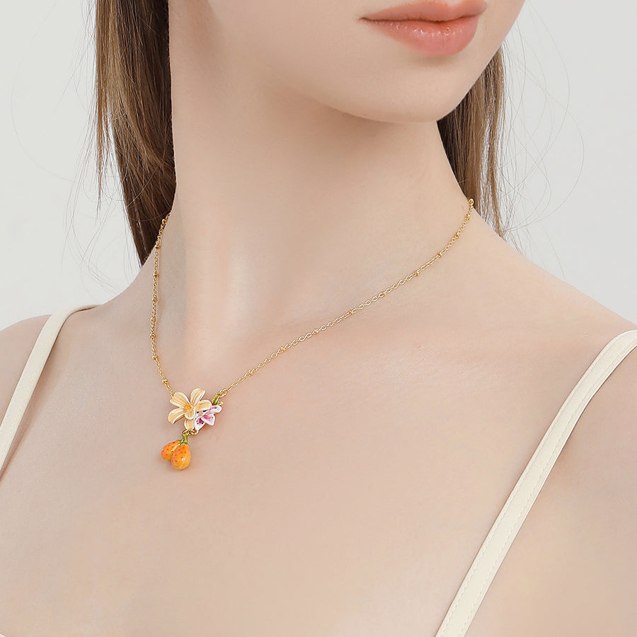 Sweet Pear Flower Enamel Necklace Nature Jewelry