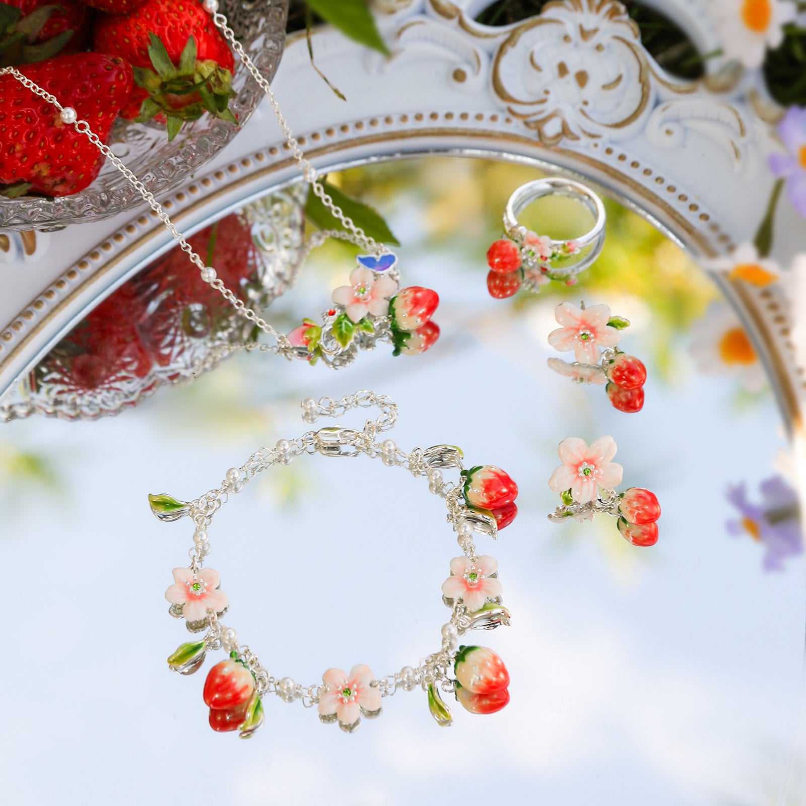 Strawberry Enamel Flower Silver Necklace