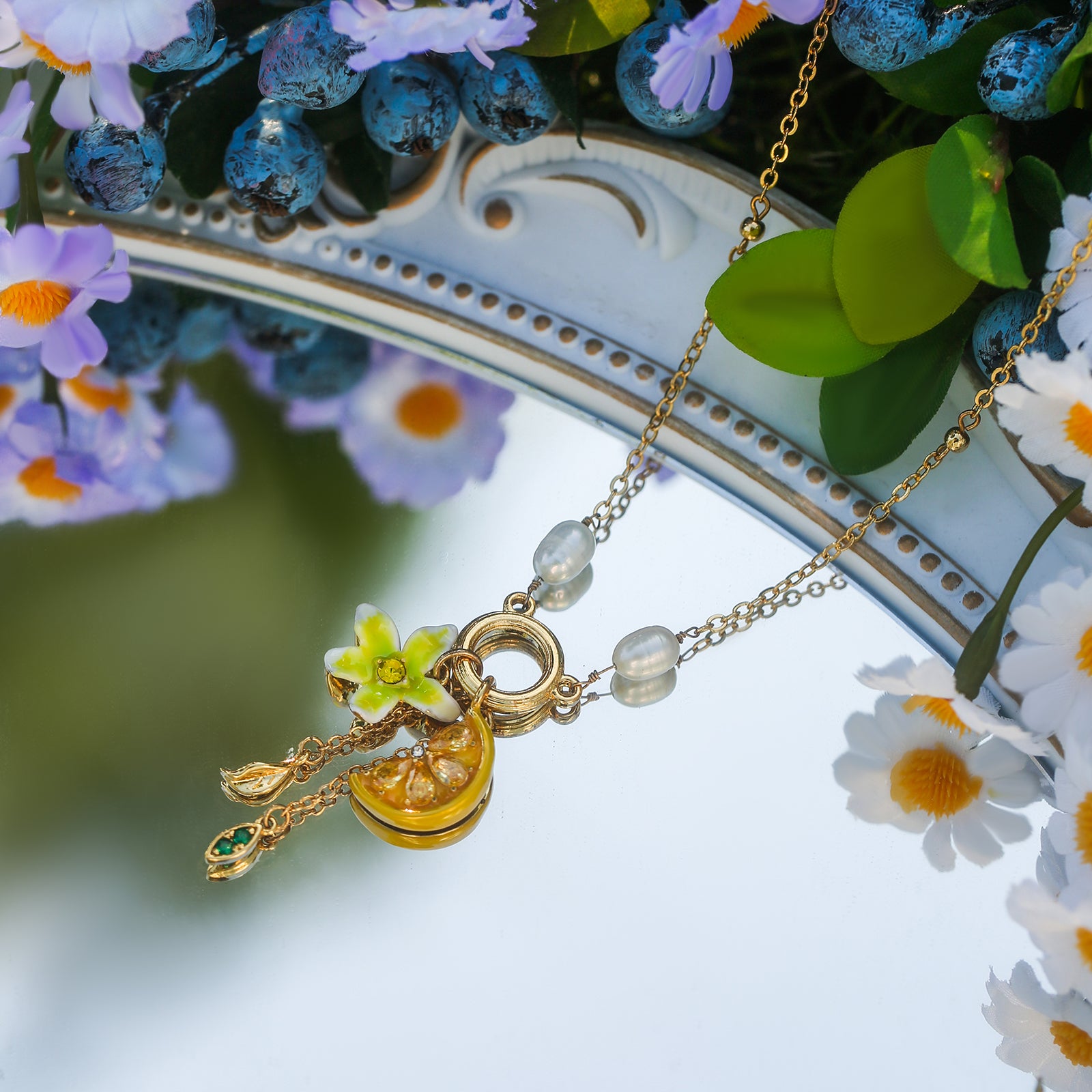 Lemon Quartz Necklace | Lemon And Flower Necklace | Lemon Slice