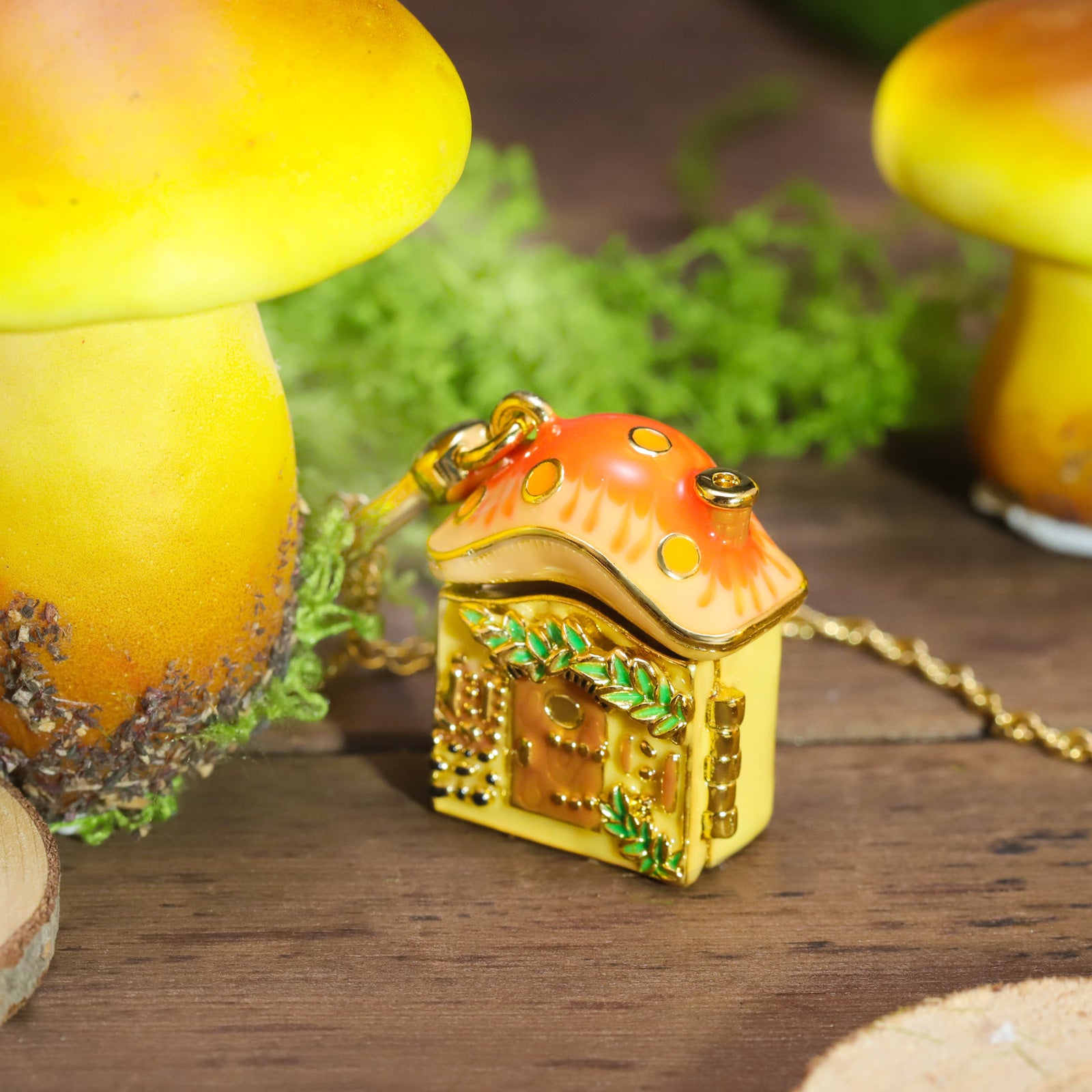 Cute Mushroom House Locket Necklace Gold