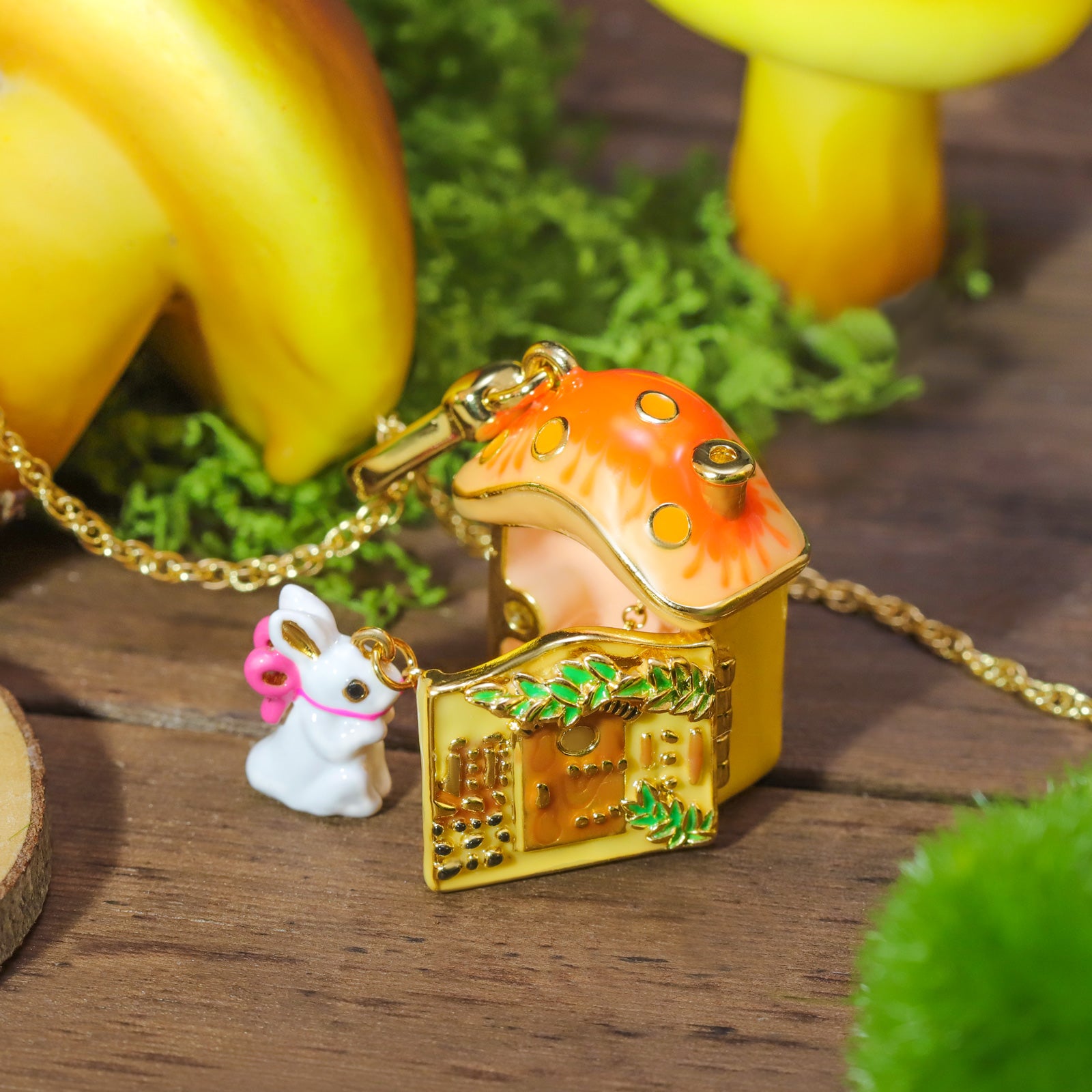 Mushroom House Locket Pendant Necklace Gold