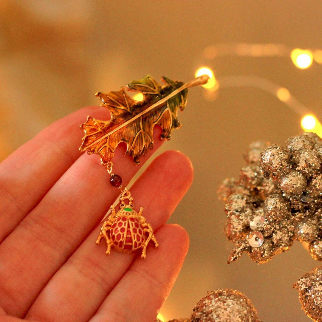 Vintage Ladybug Autumn Leaf Brooch